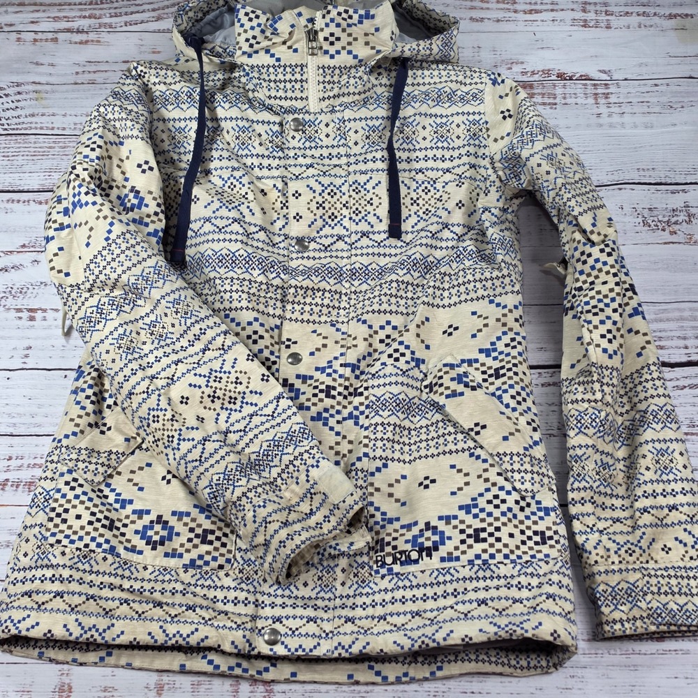 Burton Snowboard Jacket Women S Tan Blue Excellent Dryride Mountain Dew Print
